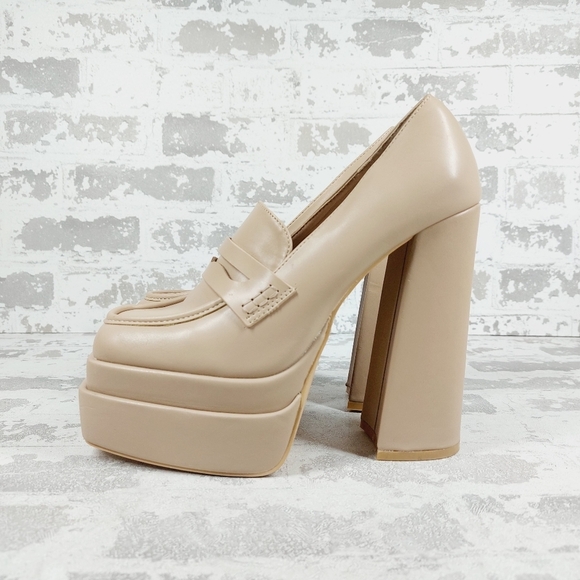 New Berness Bella Cream Faux Leather Heeled Platform Loafers i15 - Picture 1 of 14
